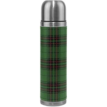 Wamika Plaid Thermos Vacuum Insulated Bottle,Christmas New Year Green Tartan Plaid Stainless Steel Water Bottle,Checkered BPA Free Coffee Travel Mug Cup Genuine Leather Cover 17 Oz Best Christmas Gift