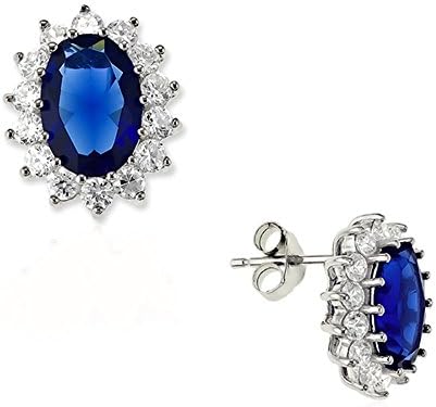 Sterling Silver 925 Oval Sapphire Royal Blue and Clear CZ Womens Earrings - The Royal Gift