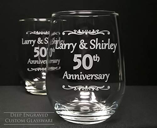 Personalized 50th Anniversary Stemless Wine Glasses 17 oz. Engraved Wedding Favors Guest Take Home G