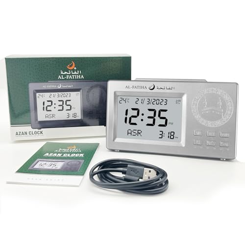 ACHAS Athan Table Clock, Azan Clock Prayer Alarm Table Clock,ساعة الأذان Prayer Digital Alarm Clock with Worldwide Times and Backligh (Silver)