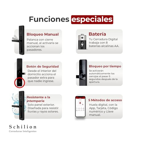 Schilion Cerradura Inteligente para Puerta Exterior e Interior | Códigos Huella Tarjeta física control App Schilion, compatible con ttlock, Resistencia al Exterior Negro