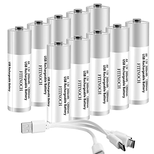 10 Pack Rechargeable AA Lithium Batteries with 4 in 1 USB Charging
