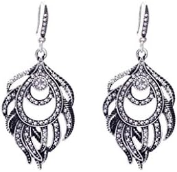Antique Silver Plated Rhinestone Leaves Drop Earrings for Women