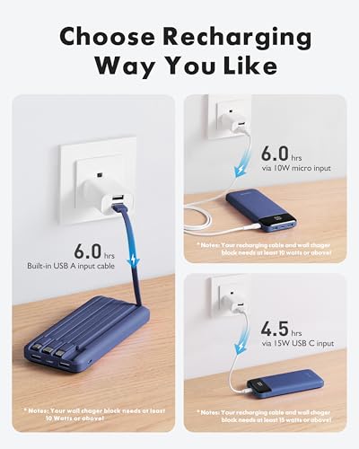 Charmast Portable Charger with Built in Cables, Portable Charger with Cords Wires Slim 10000mAh Travel Essentials Battery Pack 6 Outputs 3A High Speed Power Bank for iPhone Samsung Pixel LG Moto iPad