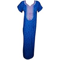 Mogul Interior Women's Maxi Dress Caftan Neck Embroidered Cotton Long Kaftan L