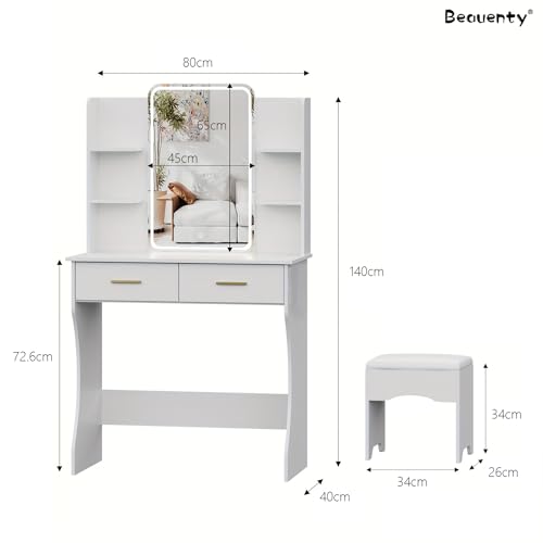 Beauenty Makeup Vanity Table, Vanity Desk with LED Mirror and Stool, Modern Simple Dressing Table with 2 Drawers and Multi-level Storage, Vanity Set Gifts for Women and Girls, White (80 * 40 * 140cm)