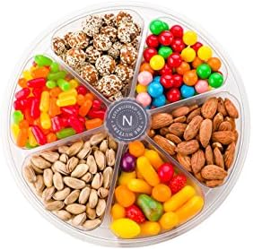 The Nuttery Fresh Gourmet Mixed Roasted Salted Nuts and Colorful Candy 6 Section Round Gift Tray