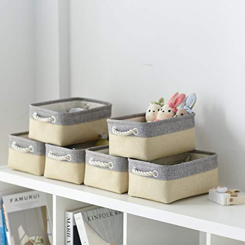 Sacyic Fabric Storage Baskets for Organizing(6 Pack) Small Baskets for Shelves,Toy Storage, Laundry, Nursery, Closets, Decorative Baskets for Gifts Empty (Grey & Gold, 11.8” x 7.8” x 5.1”)