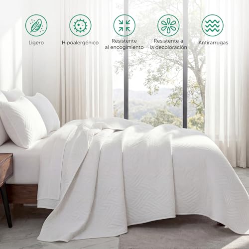 VIOPY Colcha Ligera matrimonial,210×240 CM,cubrecama Reversible,con 2 Funda de Almohada,edredones,Suave Tacto, Ligero y Fresco,Ropa de Cama,Verano y Uso Anual.Blancos para el hogar(Blanco)