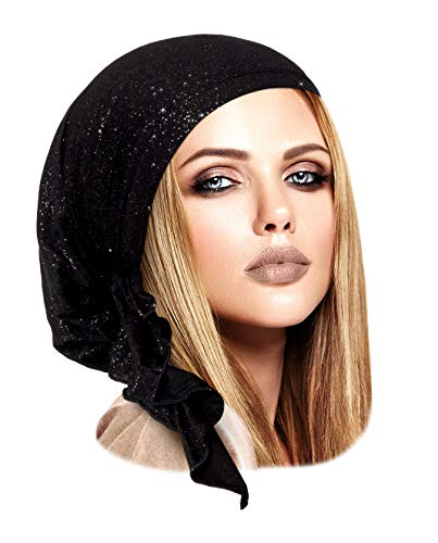 Pre-Tied Cotton Headwear Head-Scarf Chemo Cancer & Tichel Friendly Over 30 Colors! (Black Sparkle Short)