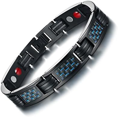MP Men's Stainless Steel Blue Carbon Fiber Inlay 4 in 1 Magnetic Theraphy Healing Link Bracelet Black