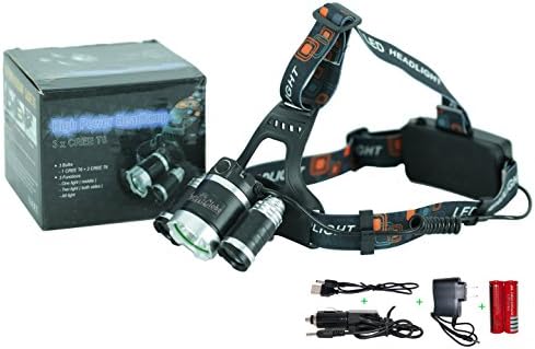 Flashlight Tents LED Lights Brightest 5000 Lumen Headlight Headlamp 3 CREE T6 with Rechargeable 18650 Battery, Wall &amp; Car Charger, USB Cable, Strip Gear for Camping, Hiking, Riding, Fishing, Hunting