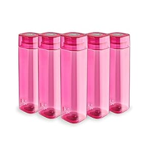 Cello H2O Squaremate Plastic Water Bottle, 1-Liter, Set of 5, Pink