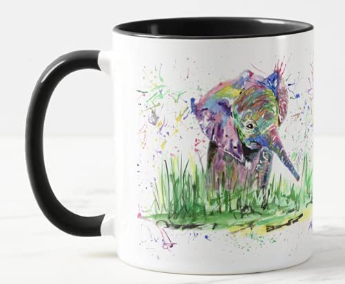 Vixar Elephant Watercolour Rainbow Art Coloured Mug Cup, Gift, Birthday, Work, Office, Christmas Tea Coffee (Black)