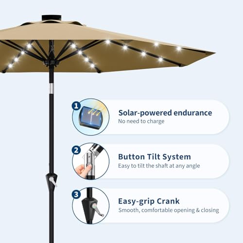 GarveeHome Ombrellone Da Giardino Solare 3 m Con 32 Luci LED, Protezione UV, Sollevamento a Manovella, Inclinazione Regolabile Con Pulsante, Per Terrazzo e Giardino