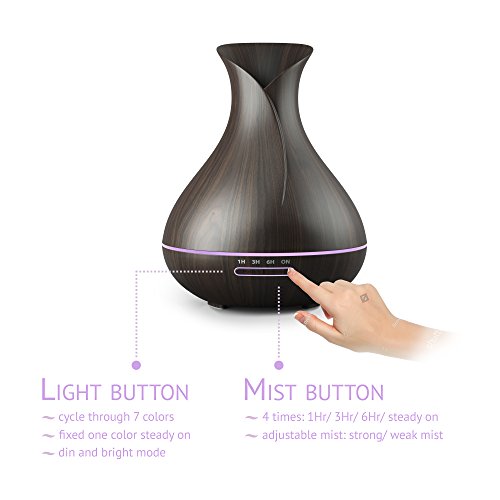 Essential Oil Diffuser 400ML 8h, Ultrasonic Air Humidifier, BPA Free, 7 Color LED Lights Lamp, Auto Shut-off, Black Olive Wood Grain. Cool Mist Machine for Home Office SPA EO Aromatherapy, Aroma Scent