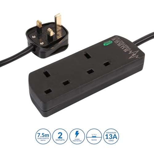 PRO ELEC 2 Gang Surge Protected Extension Lead 7.5m – UK Plug, 13A, Neon Indicator, Black - PELB1990