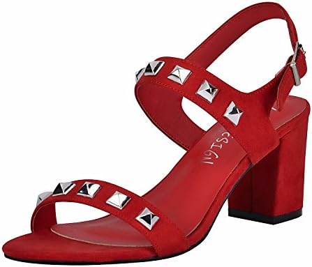 Women's Block High Heel Sandals Ankle Strap Open Toe Dress Sandals Comfortable Memory Foam Insole-Scarlet Red 039-38