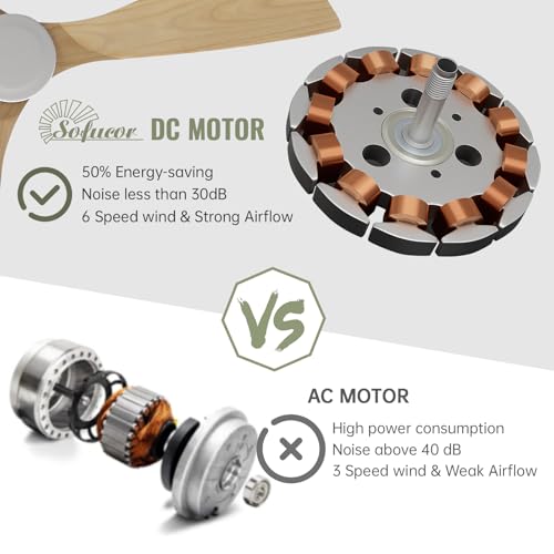 Sofucor 132 cm Solid Wood Ceiling Fan, 6 Speed, Control, Timer, DC Motor, Silent Ceiling Fan for Bedroom Living Room