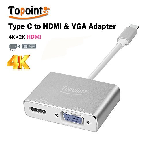 Type C to HDMI 4K VGA Adapter, Topoint USB 3.1 Type C (USB-C) to VGA HDMI UHD Converter Adaptor for MacBook/ChromeBook Pixel, Plug and Play