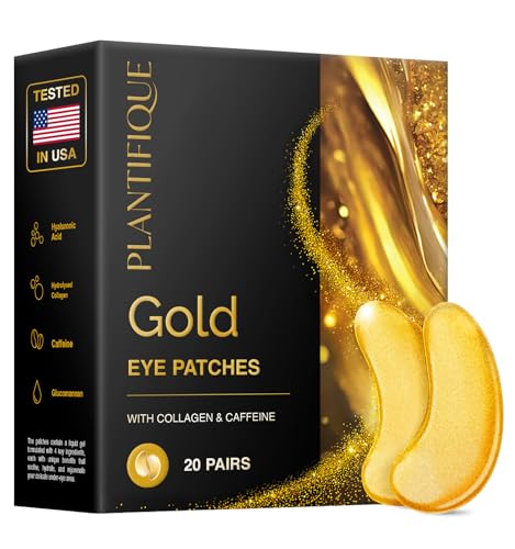 PLANTIFIQUE 24K Gold Under Eye Gel Patches - Dermatologist Tested - 20 Pairs Collagen & Hyaluronic Acid Eye Masks for Dark Circles, Bags & Puffiness