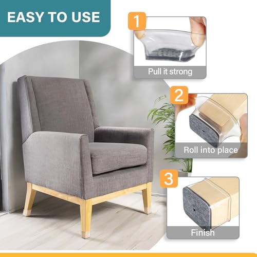 Chair Leg Caps Rectangular, Pack of 24 Chair Leg Protectors Silicone Transparent with Felt, Felt Gliders for Chairs, Protective Caps for Chair Legs for Hardwood Floors (Fit Length: 38-50mm, Width: 19-25mm)