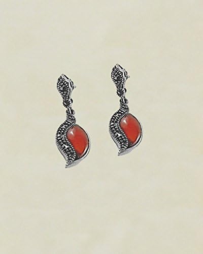 SIVALYA Sterling Silver Marcasite Earrings with Red Onyx, Stud Earrings with Butterfly Post, Hallmarked 925 Sterling Silver, Great Gift for Her