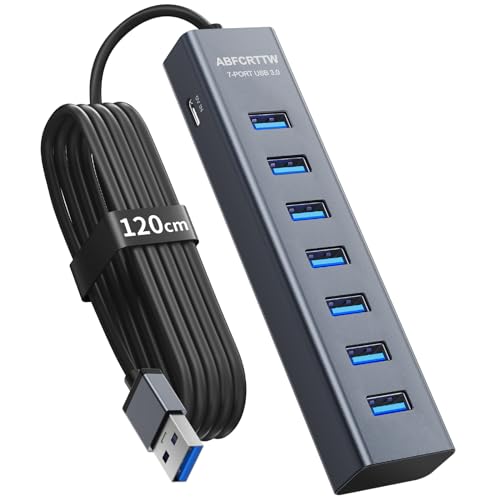 7 Port USB 3.0 Hub – Aluminium USB Hub with 120 cm Cable for Desktop, USB Multiport Adapter with USB 3.0 5Gbps, 5V 3A Type-C for PC, Laptop, MacBook, MacBook, Mouse, Keyboard, U Disk etc.