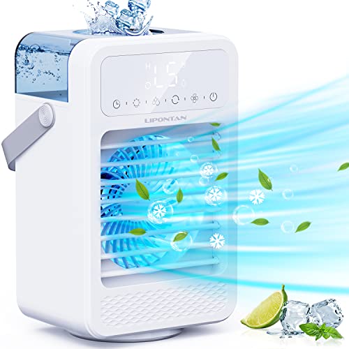LIPONTAN Aria Condizionata Portatile, Mini Raffreddatore d'aria Silenzioso 600ml Raffreddatore d'aria con 8 Timer, 3 modalità, 5 velocità del vento, LED Colori, 90° Oscillazione, grande schermo LCD