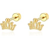 Small Tiny Crown Stud Earring Screw Flat Back Gold Plated Stainless Steel Hypoallergenic Earrings Dainty Cartilage Piercing Jewelry