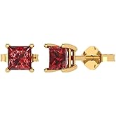 14K Yellow Gold Plated 925 Sterling Silver Push back Dainty Stud Earrings for Women - 1.5 cttw Princess Cut Natural Garnet