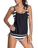 Sidefeel Women Stripes Lined Two Piece Tankini Set Medium Black