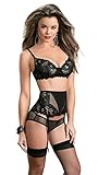 Escante Women's Lustful Nights 4 Piece Bra Set with Adjustable Straps High Waist Slimming Garter Belt Stretch Mesh Panties and Hose, Black, Medium/Large