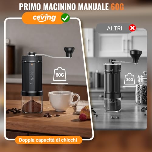 CEVING World's First 60g High Capacity Manual Coffee Grinder, Black | Portable Grinder with 40 Settings Ceramic Conical Grinder for Pour Over French Press Camping Travel Gift