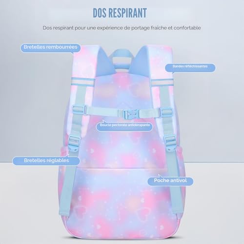 Amythe Kawaii 3-Piece Primary Girl's Backpack Set, School Bag, School Bag for Girls, College Lightweight for CP CE CM 6-12 Years L-Blue