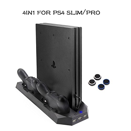 PS4 Slim Vertical Stand with Charger PS4 Pro Cooling Fans Dual Controllers Charging Station, PS4 Slim Cooler for Sony PlayStation 4 Slim / Pro Game Console Dualshock4 Upgraded ( Not for Regular PS4)