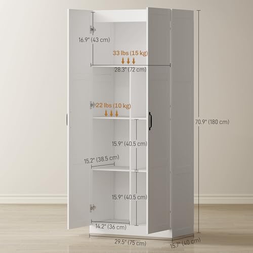 HOMCOM 71" Tall Kitchen Pantry Cabinet with Soft-Close Hinges, Modern Farmhouse Freestanding Pantry Storage Cabinet with 2 Framed Doors, 4 Adjustable Shelves, White