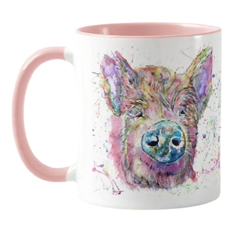Vixar Pig Farm Animal Watercolour Rainbow Art Coloured Mug Cup, Gift, Birthday, Work, Office, Christmas Tea Coffee (Pink)