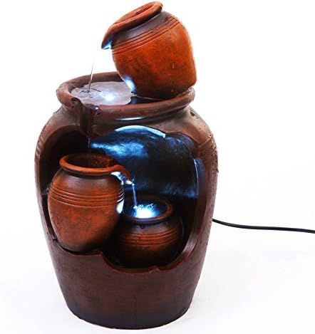 Terracotta Style Cascading Pots Indoor Water Fountain with 2 LED Lights | Size 22 * 21.5 * 38.5 Cm | 3 Pin UK Plug Included |