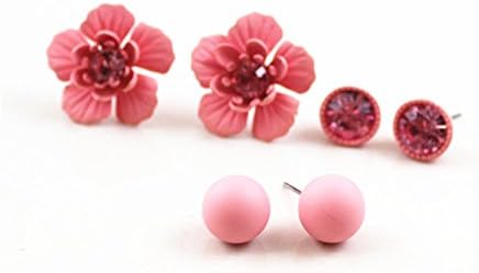 3 Pairs Pink Color Flower Alloy Earrings 2.1cm - ER217 Pink