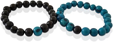 Couples His and Hers Distance Bracelets | Handmade Organic Fair Trade Jewelry | All-Natural Acai Seeds | Elastic Stretch Bracelet for Lovers Friends Sisters (Black and Turquoise)