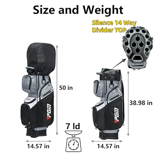 PGM Black Golf Cart Bag, 14 Way Silent Top Divider Premium Golf Bag with Ergonomic Handles & Rain Cover