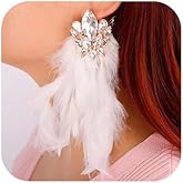 Denifery Long Feather Earrings Bohemian Earrings Multicolor Tassel Handmade Feather Earrings Dangling Earrings for Women (White)