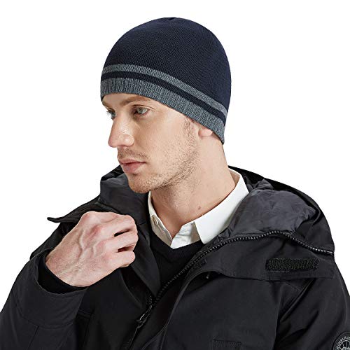 Bodvera Mens Winter Beanie Hat Warm Knit Cuffed Plain Toboggan Ski Skull Cap (Navy)