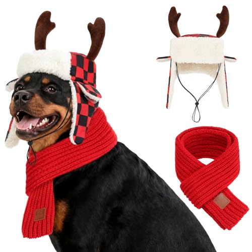 YUEPET 2 PCs Adjustable Dog Christmas Antler Hat & Scarf Set, Dog Outfit L at Amazon