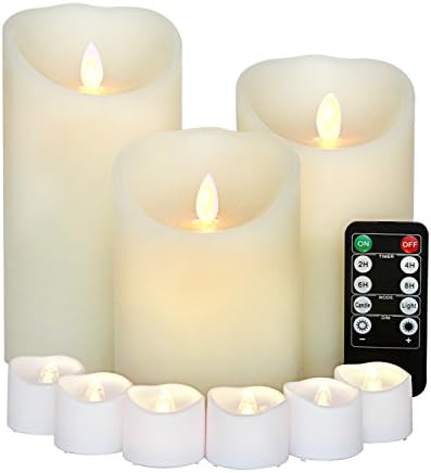 Flameless Candles 5" 6" 7" Set of 3 and LED Tea Light, Pack of 6 Dancing Flame Real Wax LED Candles 2C batteries 2 4 6 8 Hours Timer Function and 10key Remote Control (Ivory)