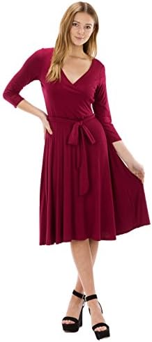 Auditions Women's Wrap A Line Dress Fit and Flare Knee Length V Neckline Dress (L, BURGUNDY)