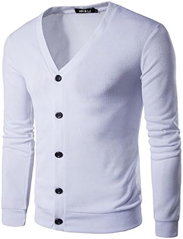 HHLJ Mens Casual Slim Fit Basic Designed Long Sleeve V-Neck Front Button Knitted Cardigan Coat Sweater (S, White)