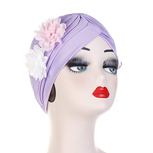 BCDshop Women Bead India Muslim Hat Cancer Chemo Beanie Floral Turban Wrap Cap Stretch Headwear (Purple 2, Free Size)