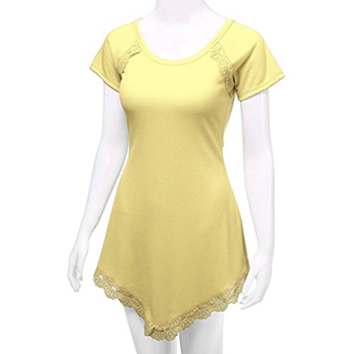 Meyerlbama Women Tee Plus Size Summer Women Short Sleeve Handkerchief Hem Lace Asymmetrical T-Shirt Casual Blouse Shirt Tops (2XL, Yellow) - Thumbnail 2